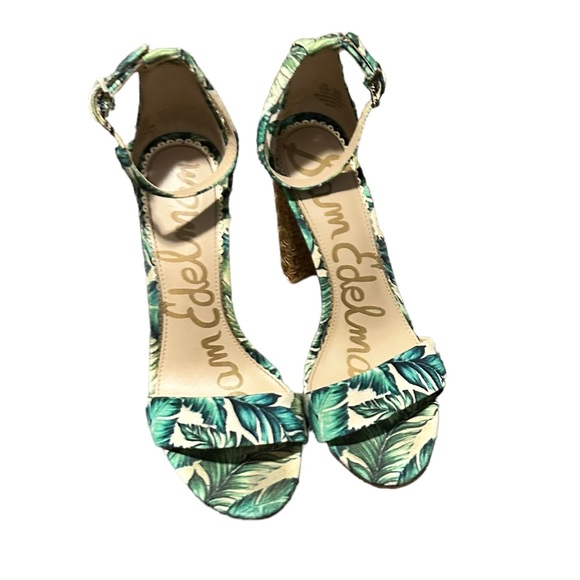 SAM EDELMAN Women's Cream & Green Leaf Print Tropical Open Toe Block Heel-Sz 8.5 - Picture 8 of 14